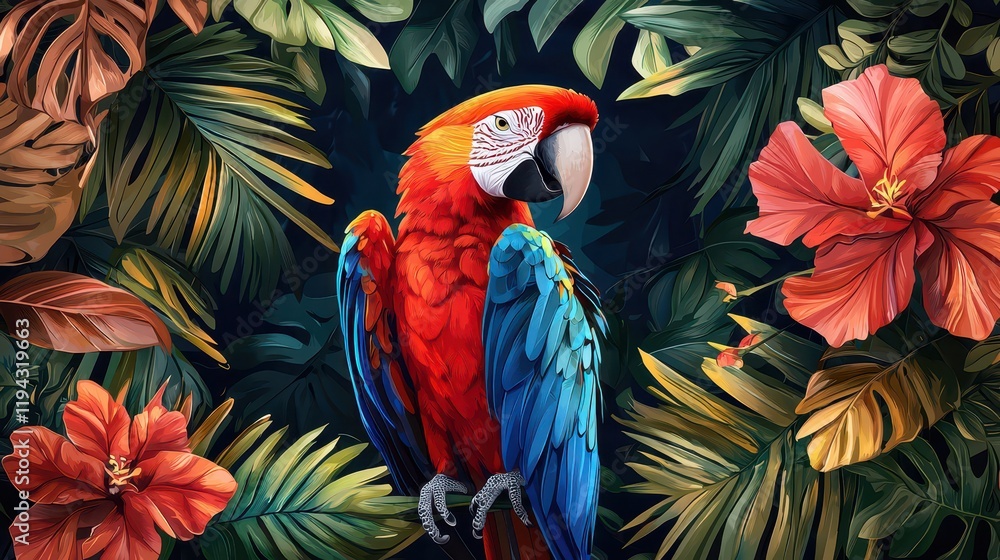 Obraz premium Vibrant scarlet macaw amidst tropical foliage and blossoms in lush jungle environment