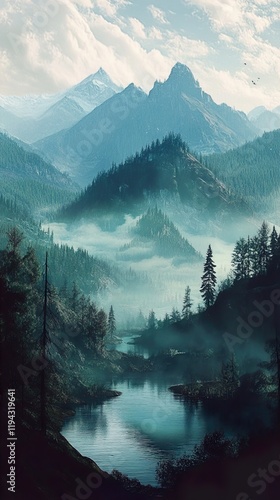 Misty Mountain River Landscape: A Serene Nature Escape photo