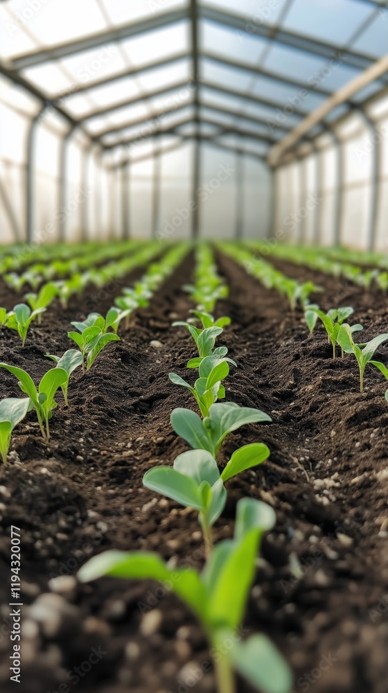 Rows of young plants growing in a greenhouse Rows of young plants growing in a greenhouse