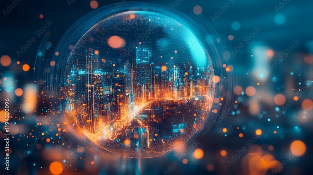 Cityscape inside futuristic orb; night lights, bokeh background; tech, innovation concept Cityscape inside futuristic orb; night lights, bokeh background; tech, innovation concept