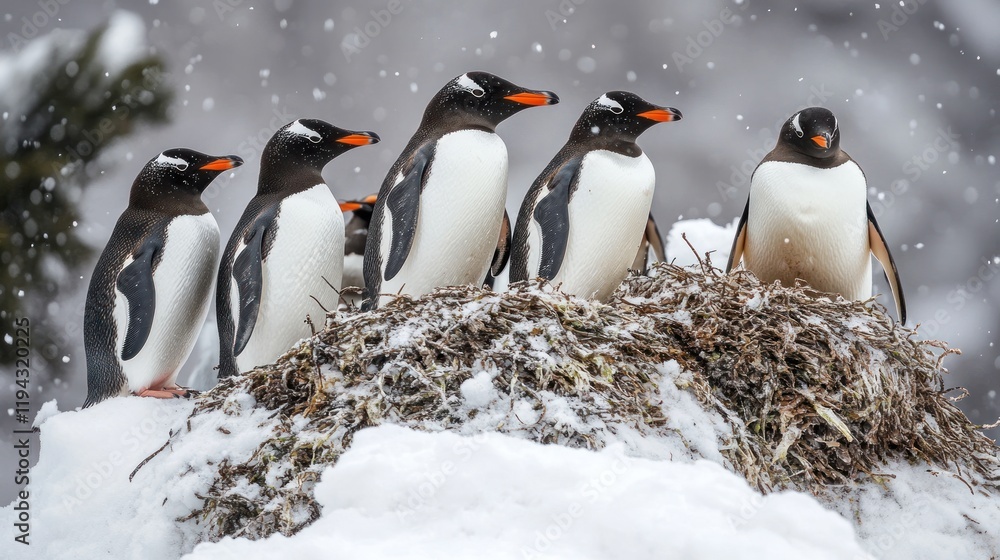 Fototapeta premium A group of penguins standing on a snowy nest in a winter landscape.