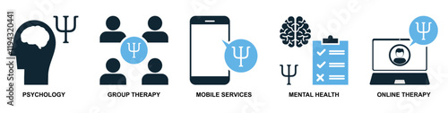 "Psychology and Mental Health Icon Vector Set: Group Therapy, Mobile Mental Services, Online Therapy, and Counseling Symbols
