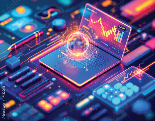vector illustration of digital stylus, laptop showing graphs and charts , and calculator arranged on it