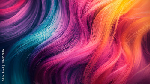 An abstract close-up of flowing hair in vibrant shades of pink, blue, and orange. photo