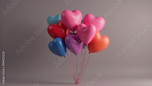 A vibrant 3D cluster of heart-shaped balloons featuring vivid reds, blues, purples, pinks, and oranges, with a central spotlight effect enhancing their magical allure photo