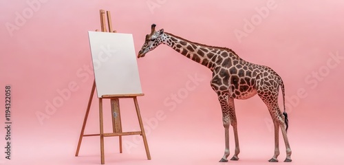 Giraffe gracefully bends to view blank easel canvas, elegant neck curve, set in pastel pink background. photo