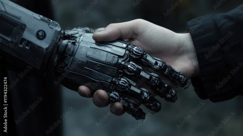 Robotic arm and human arm doing handshake Robotic arm and human arm doing handshake