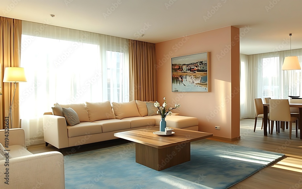 Fototapeta premium Sunny living room, modern apartment, open plan design, dining area view. Interior design inspiration