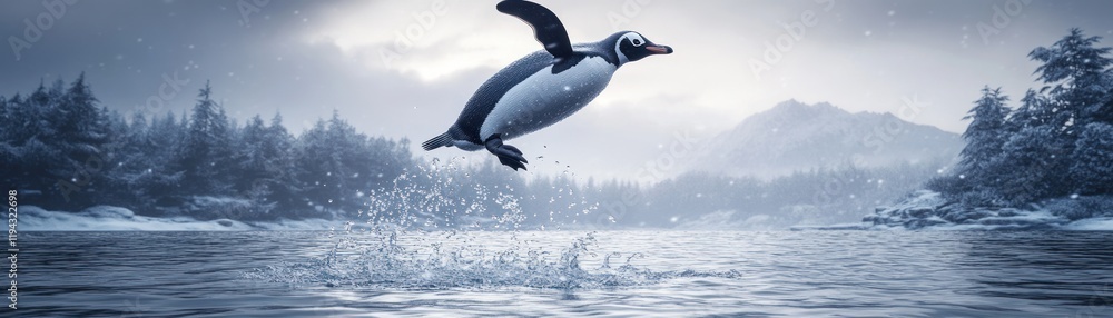Fototapeta premium Penguin Leaping Over Icy Lake Amidst Snowy Forest with Misty Mountains