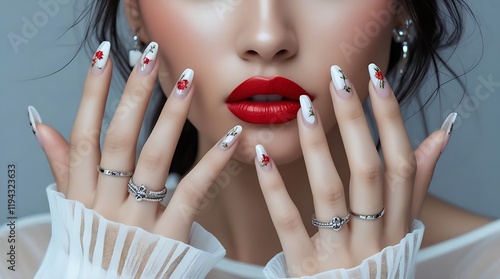 minimalist nails with floral, elegant bridal nail art ftrendy nail young woman hands, with a bold and edgy look., classic french tips, flower, beauty, manicure, hand, spa, care, woman, hands, manicure