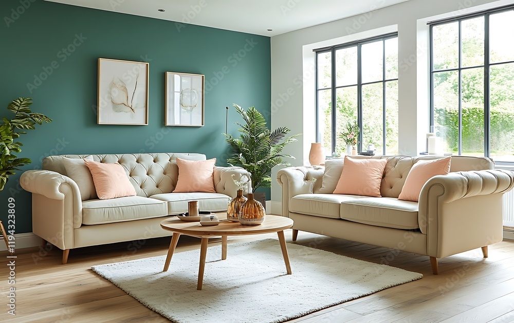 Obraz premium Elegant living room, cream sofas, green wall, natural light, modern decor, home staging