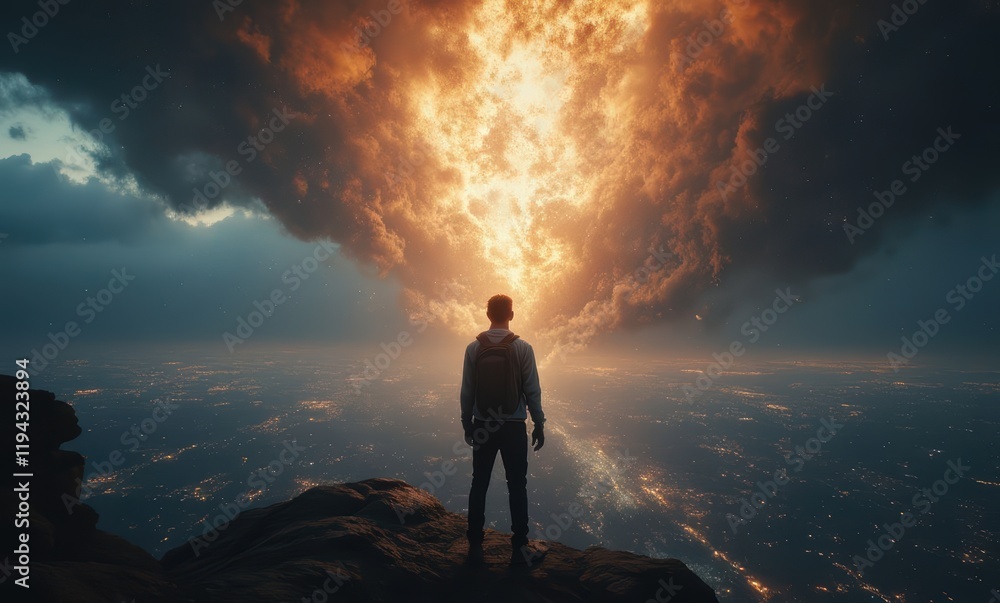 Contemplative man against apocalyptic sky Contemplative man against apocalyptic sky