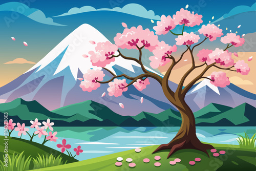 Single cherry tree in full bloom with mountain and lake vector art illustration