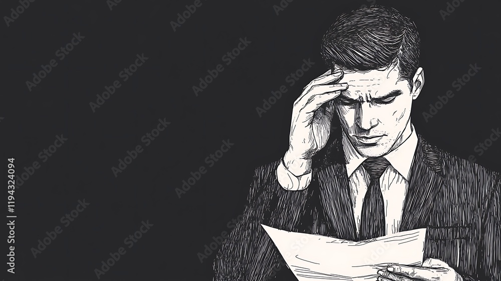 Professional Banker Expressing Frustration by Shaking His Head While Reviewing Financial Documents Against a Dark Background Professional Banker Expressing Frustration by Shaking His Head While Reviewing Financial Documents Against a Dark Background