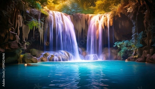waterfall cascading into a shimmering crystal-clear poo