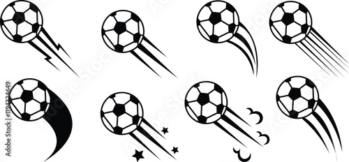 Vector Soccer Ball Icon set, clipping path isolated on a transparent background with the entire depth of field, Speeding footballs represented by dynamic soccer ball design features, for mobile apps.