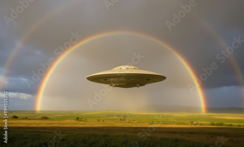 UFO hovering under a stunning rainbow photo