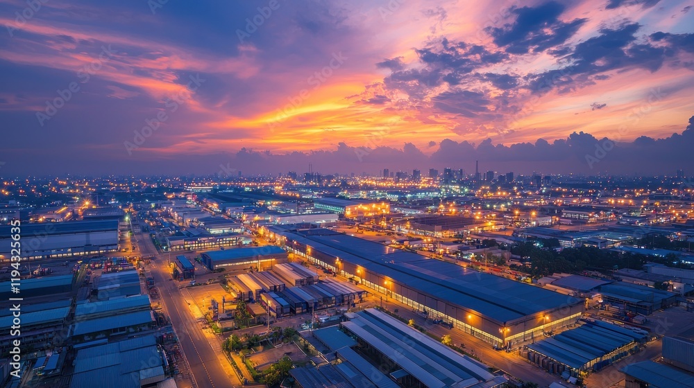 Fototapeta premium Sunset Over Industrial Complex: Aerial View of Factories and Cityscape at Dusk