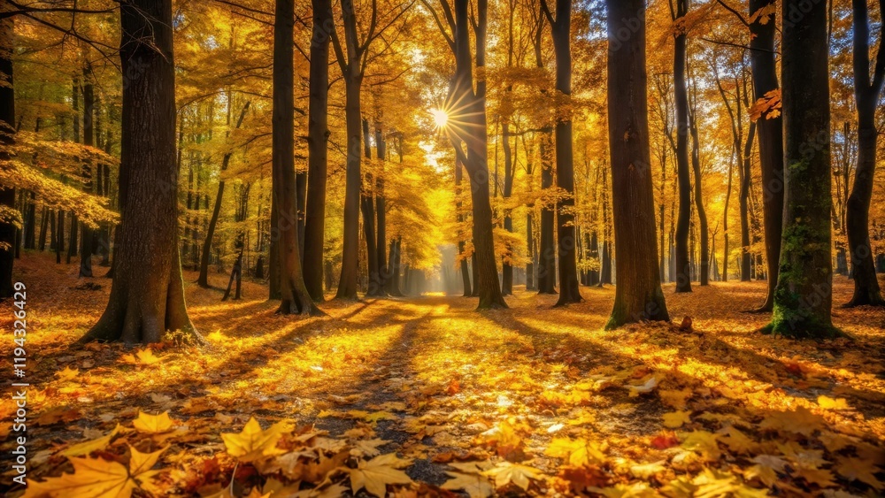 Obraz premium Golden Autumn Sunlight Illuminates a Path Through a Canopy of Trees