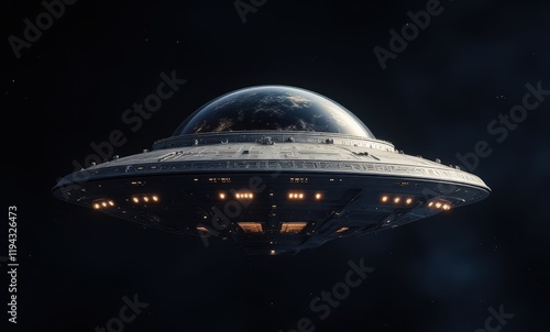 Futuristic silver spaceship over Earth photo