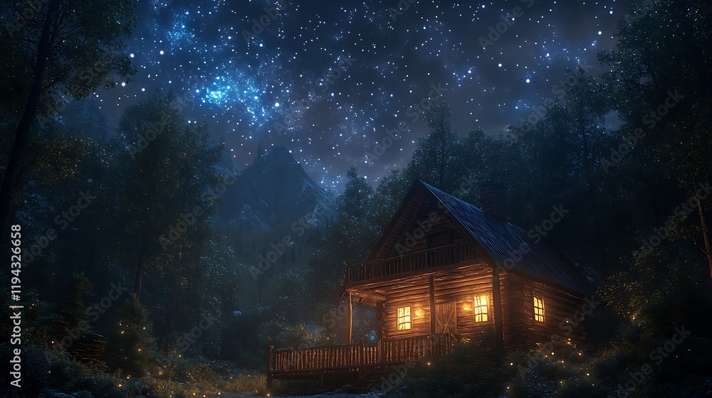 A cozy log cabin with a wooden porch, nestled in a dense forest, the sky above filled with twinkling stars, soft light illuminating the porch and surrounding trees, tranquil and inviting ambiance, A cozy log cabin with a wooden porch, nestled in a dense forest, the sky above filled with twinkling stars, soft light illuminating the porch and surrounding trees, tranquil and inviting ambiance,