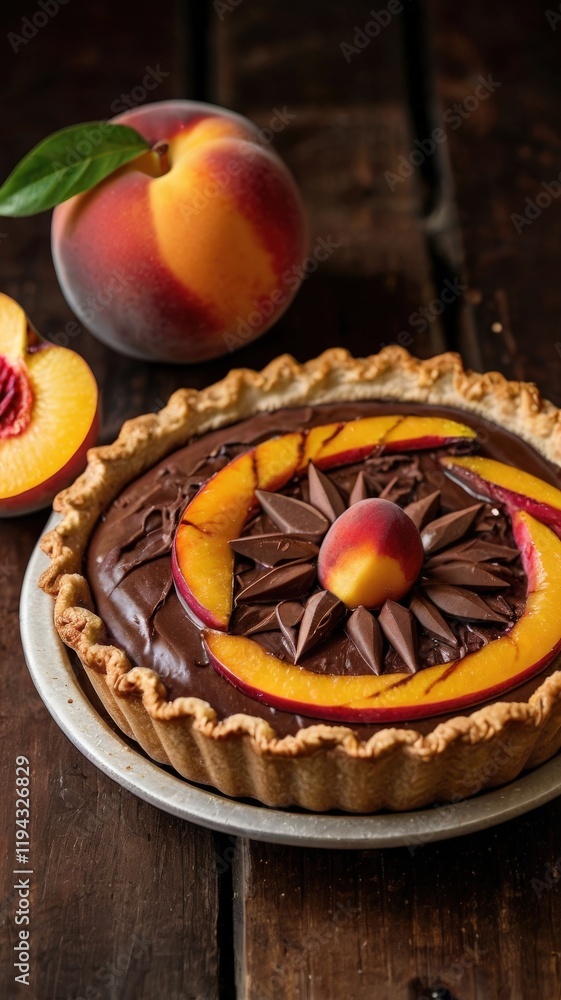 Chocolate Cocoa Pie with Fresh Peach Topping on Rustic Wooden Board Chocolate Cocoa Pie with Fresh Peach Topping on Rustic Wooden Board