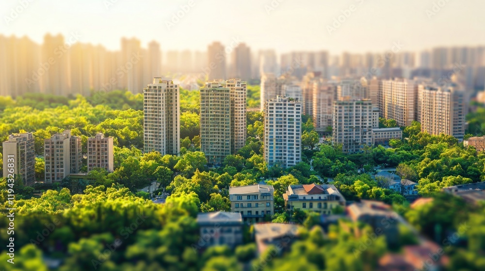 Obraz premium Urban Oasis: High-Rise Buildings Nestled Amongst Lush Greenery in a Modern City