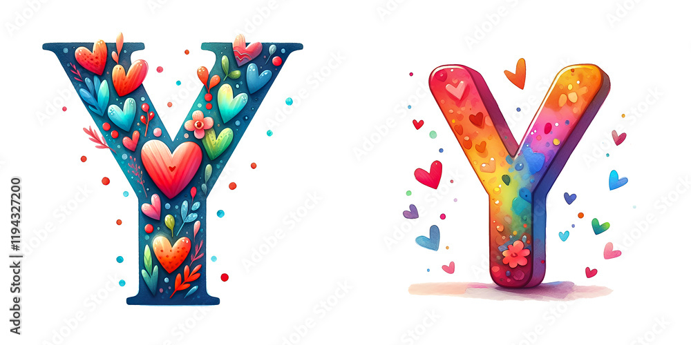 Fototapeta premium Happy Valentine's Day, Cute watercolor style clipart Valentine's Day letter Y isolated on a white background. Holiday typography illustration