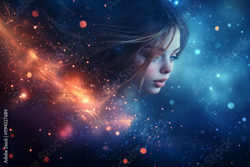 Beautiful sorceress portrait on blue flame background. photo