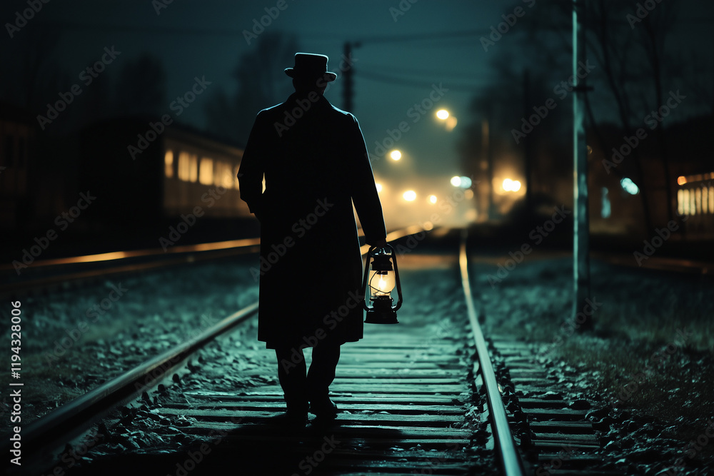 Railway trackkeeper walking on railroad with kerosene lamp in hands in retro style on white background. Railway trackkeeper walking on railroad with kerosene lamp in hands in retro style on white background.