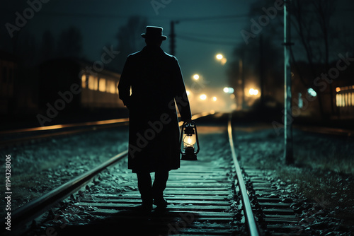 Railway trackkeeper walking on railroad with kerosene lamp in hands in retro style on white background. photo