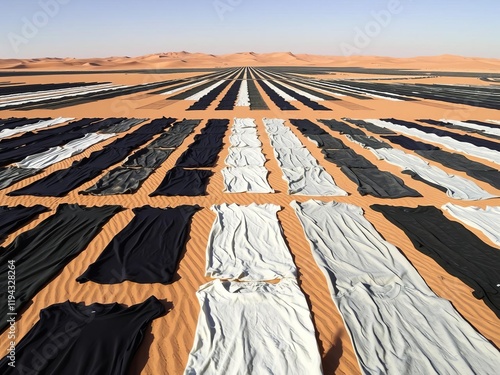 Clothing lines in Sahara desert, diminishing sizes towards horizon, structured layout, floor, straight photo