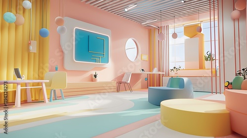 A brightly colored room with a blue board on the wall