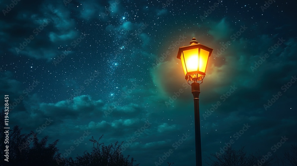 A solar-powered streetlamp glowing softly against a starry night sky A solar-powered streetlamp glowing softly against a starry night sky