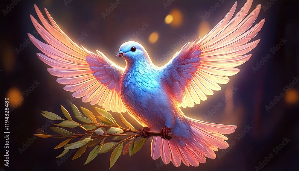 Obraz premium dove holding a softly glowing olive 
