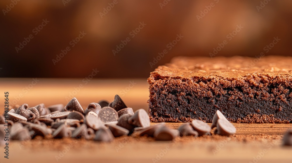 Rich, moist chocolate brownie with chips on wooden board Rich, moist chocolate brownie with chips on wooden board