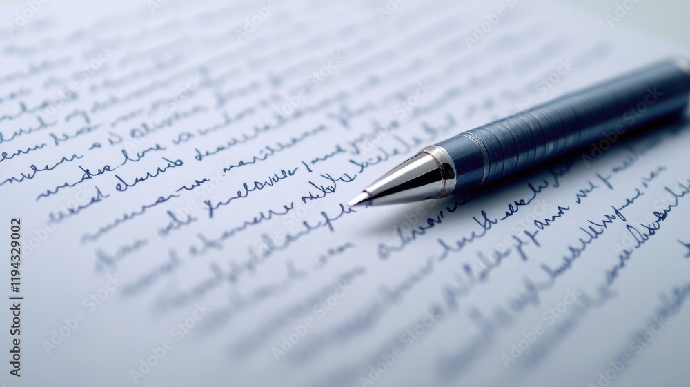 Close-up of pen on handwritten letter with cursive script Close-up of pen on handwritten letter with cursive script