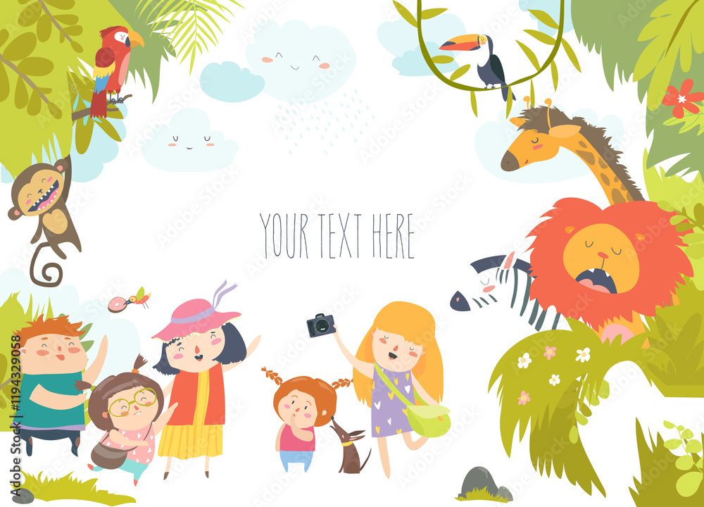 Happy children in zoo with wild african animals. Vector illustration Happy children in zoo with wild african animals. Vector illustration