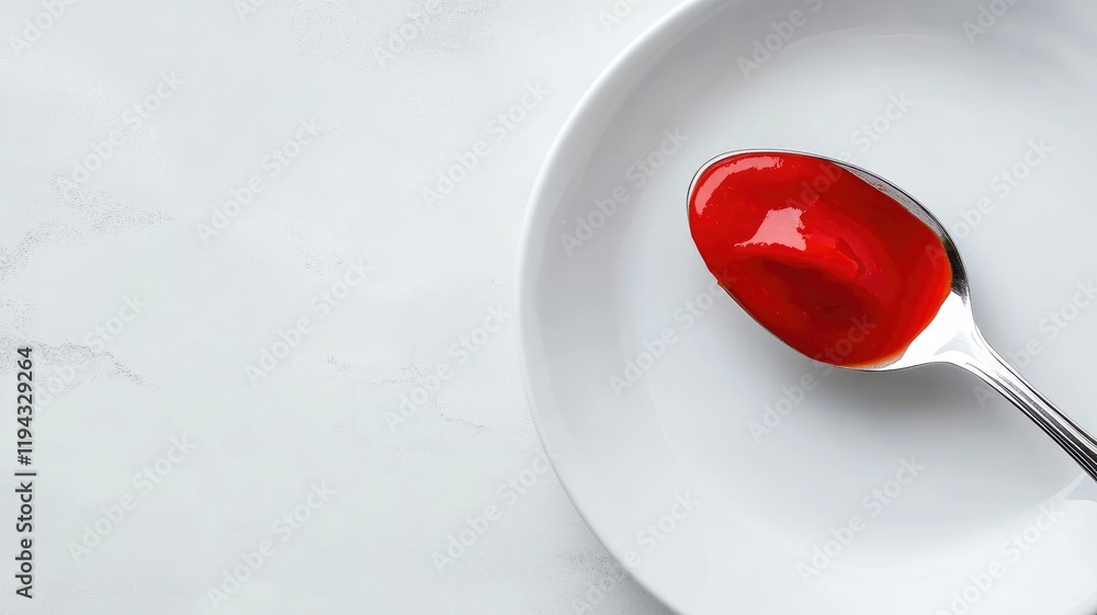 Silver spoon with bright red sauce on white plate Silver spoon with bright red sauce on white plate