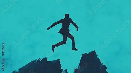 Businessman Leaping Over a Gap Symbolizing Ambition, Risk-Taking, and Career Growth in a Dynamic and Transformative Environment