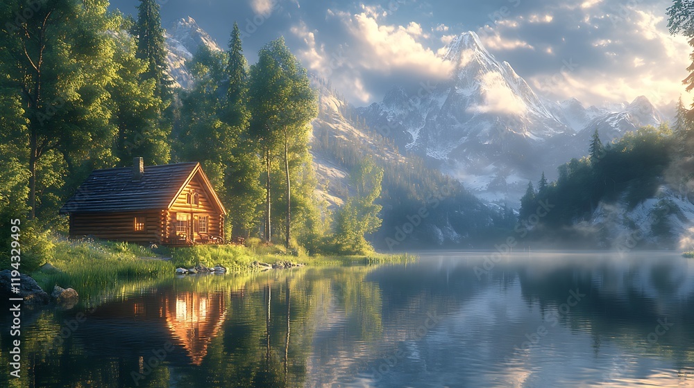 Fototapeta premium A picturesque log cabin beside a mirror-like lake, surrounded by a dense forest, soft sunlight highlighting the cabin and creating a stunning reflection in the water, serene and captivating scene,