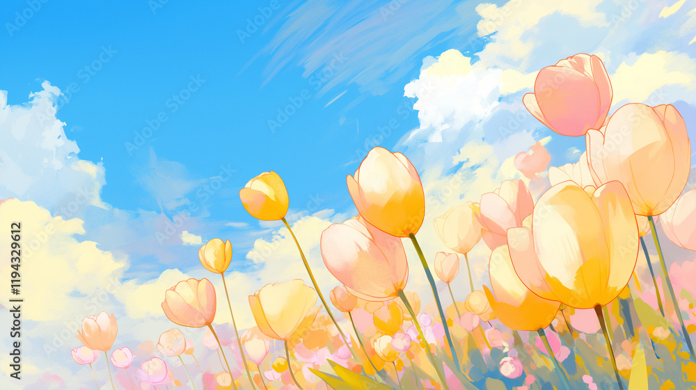 春の黄色いチューリップと青空|柔らかな雲と明るい花畑の水彩風イラスト 春の黄色いチューリップと青空|柔らかな雲と明るい花畑の水彩風イラスト
