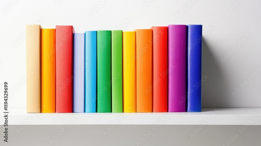 Colorful books arranged in rainbow spectrum on white shelf Colorful books arranged in rainbow spectrum on white shelf
