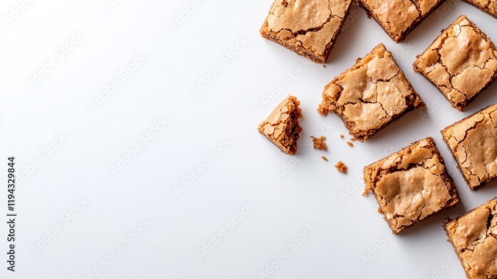 Brownies with golden crust and crumbs on white surface Brownies with golden crust and crumbs on white surface