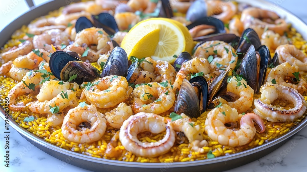 Seafood Paella with Lemon Garnish on Marble Countertop - A Culinary Delight Seafood Paella with Lemon Garnish on Marble Countertop - A Culinary Delight