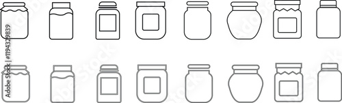 Glass jar kitchen utensil icon set, Hand drawn sketch style drawing. canning and preserving. With cover and without lid. ,isolated on a transparent background, PNG, cutout, or clipping path.
