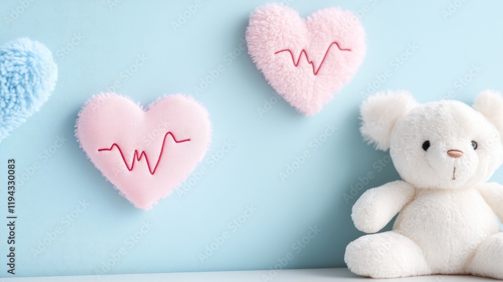Obraz premium Plush hearts with heartbeat patterns and stuffed bear on light blue background