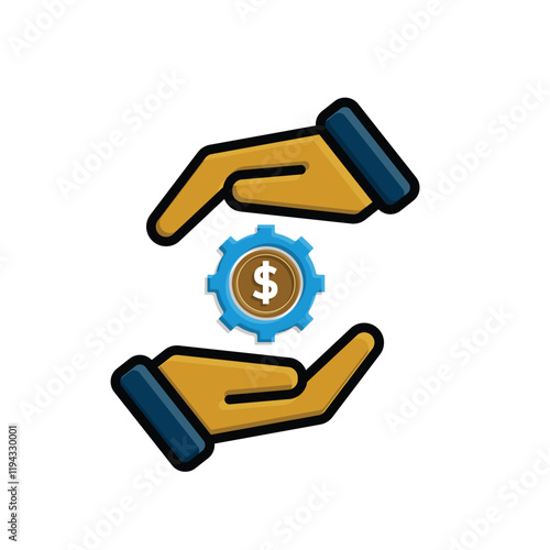 Coin icon. financial gear in hand. money management vector, business and finance icon. flat color design style. for financial education, web, management