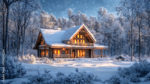 Wallpaper Mural A picturesque log cabin nestled in a snow-covered clearing, warm light spilling from the windows, surrounded by frost-laden trees under a starry winter sky, tranquil and magical atmosphere, Torontodigital.ca