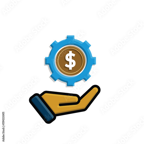 Coin icon. financial gear in hand. money management vector, business and finance icon. flat color design style. for financial education, web, management